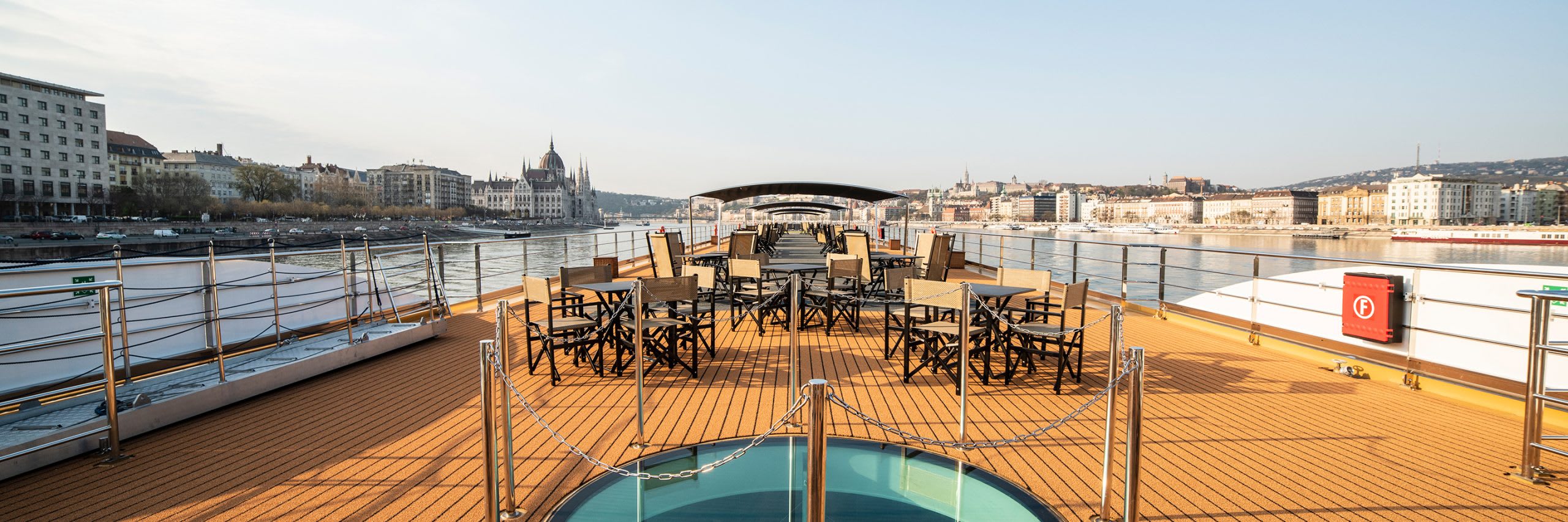 Avalon Waterways sun deck with lounge chairs and whirlpool