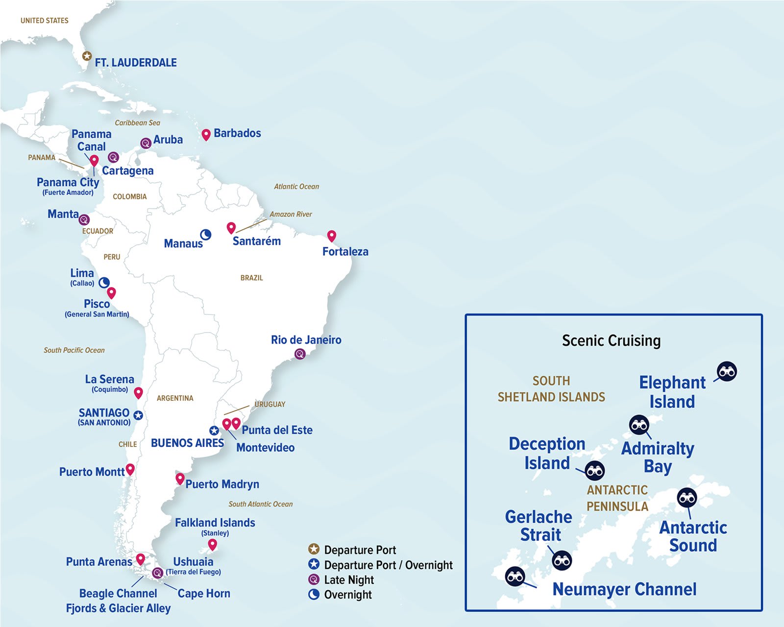 Map of Princess Cruises 2028–2029 South America and Antarctica itineraries