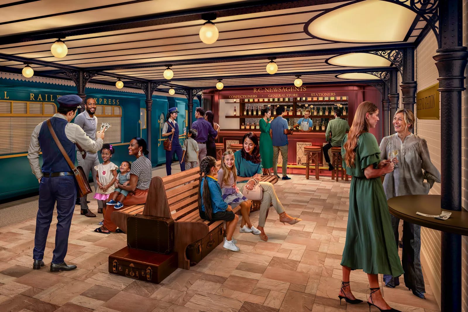 Rendering of guests on the Royal Railway – Legend Station platform on Legend of the Seas