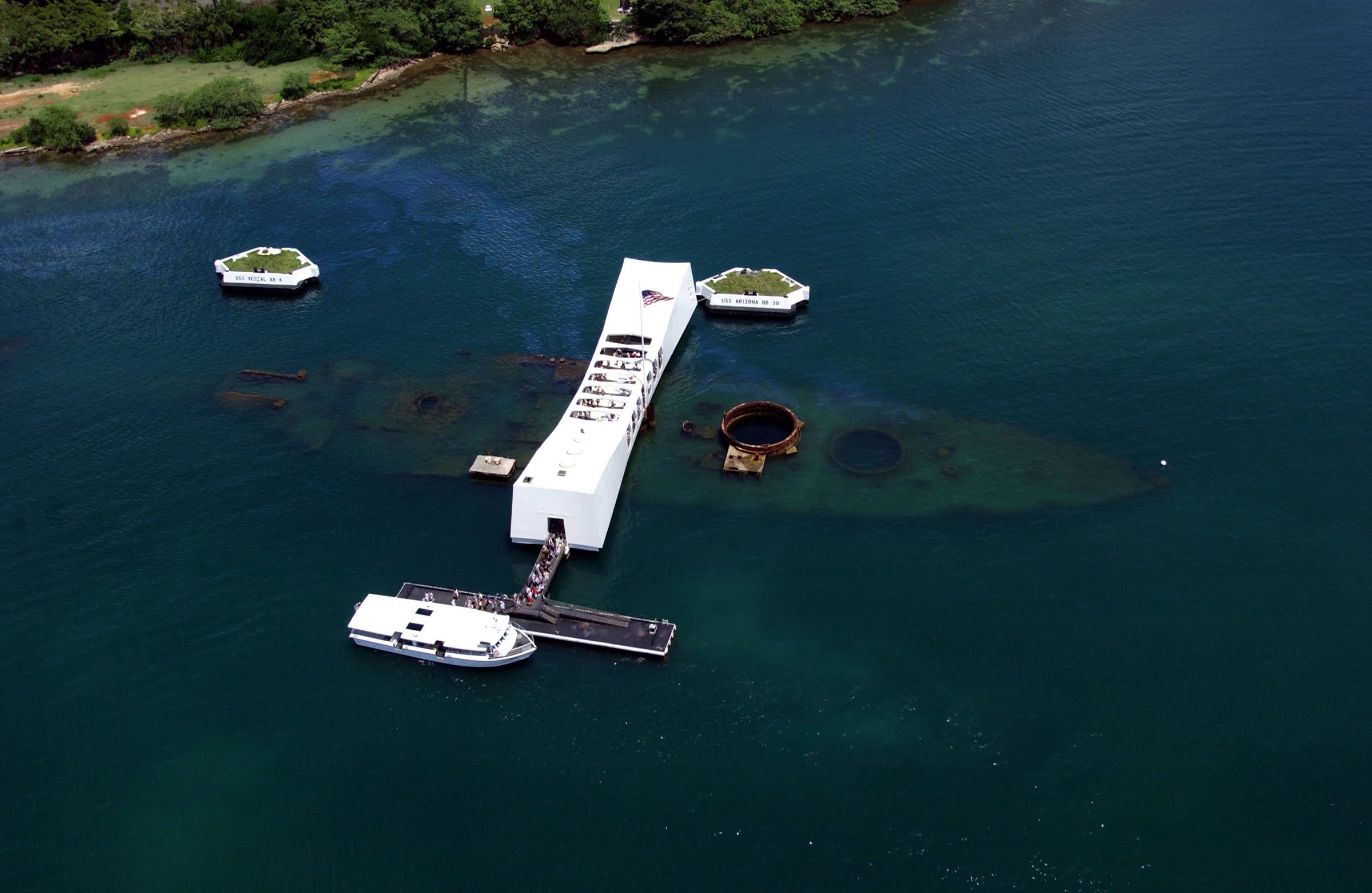 Aerial view of the USS Arizona Memorial at Pearl Harbor, Honolulu