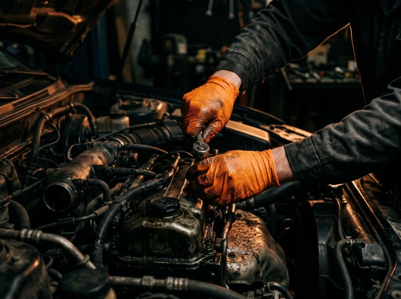 Gloved hands working on an engine