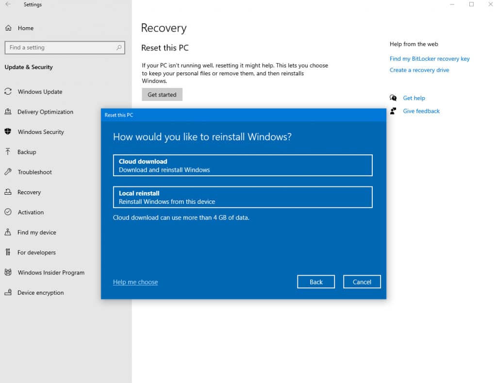 Reset Windows 10 with Cloud Download Option