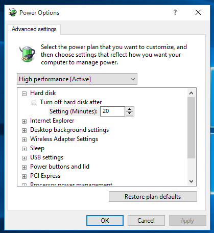 Advanced power option settings in Windows