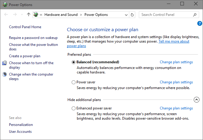 Windows 10 Power Options