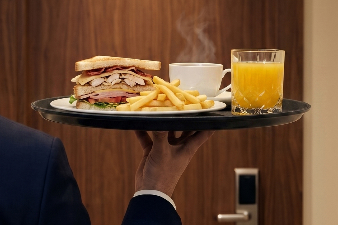 Servicio a la habitación con sándwich, papas a la francesa y jugo de naranja
