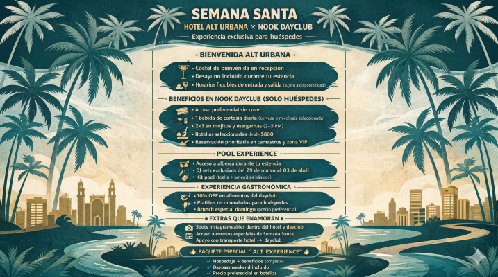 ¿Listo para el mejor takeover de la temporada? En Hotel Alt Urbana x Nook Dayclub elevamos tu experiencia. Olvida las filas y el "cover"; como nuestro huésped, el VIP eres tú. 