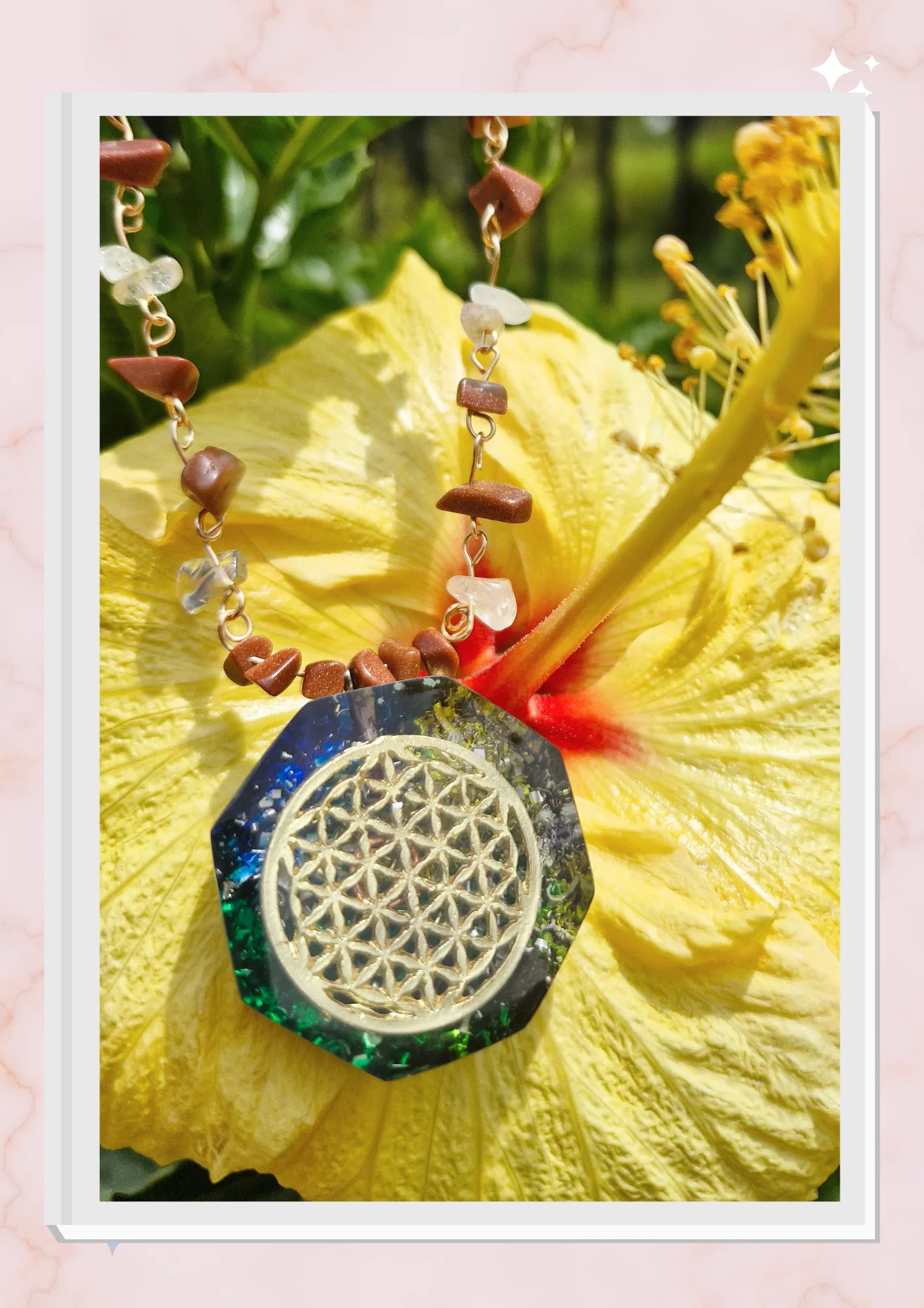 Collar Flor de la vida, Lluvia de oro y Citrino