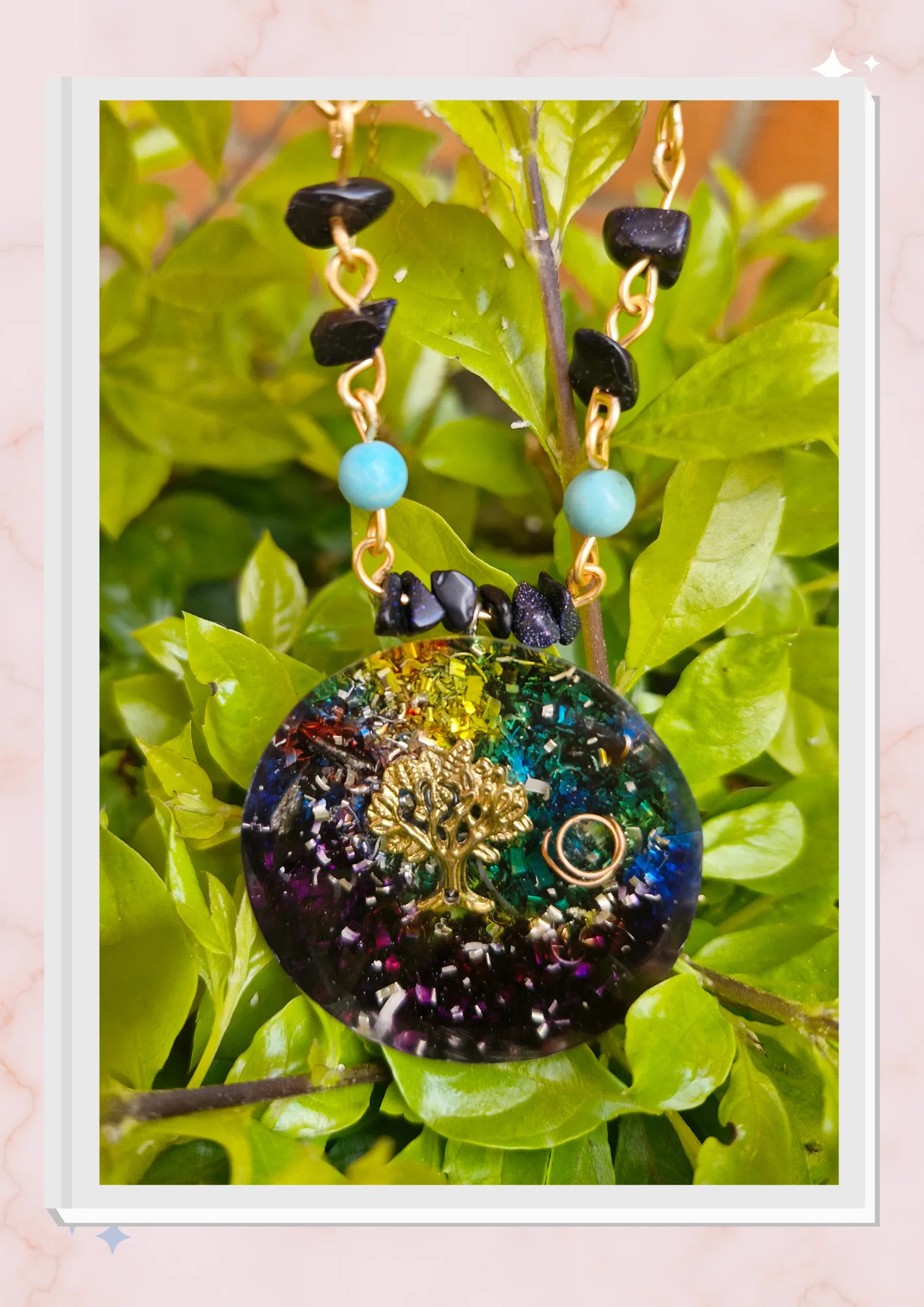 Collar Árbol de la vida, Lluvia de plata y Turquesa
