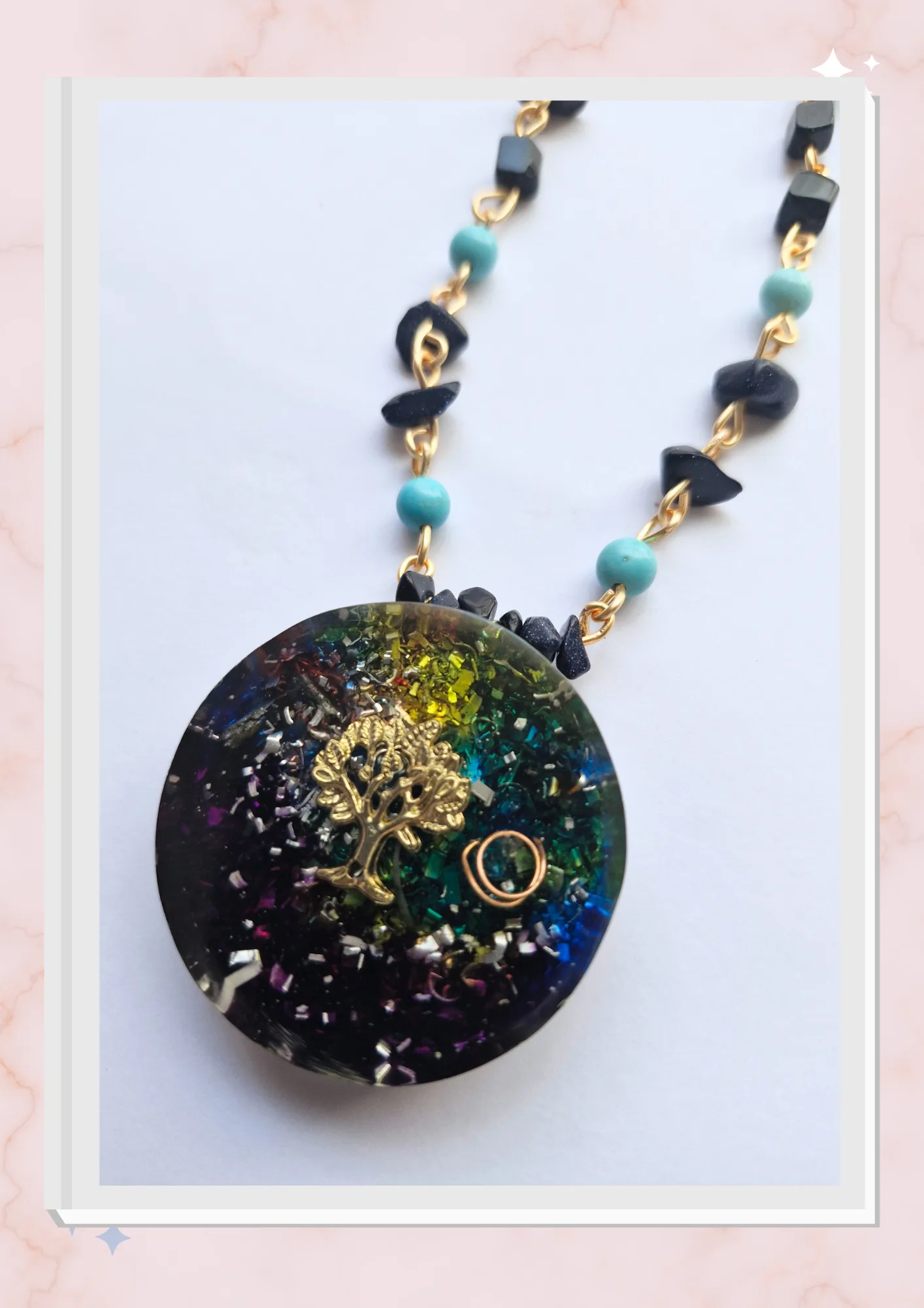 Collar Árbol de la vida, Lluvia de plata y Turquesa