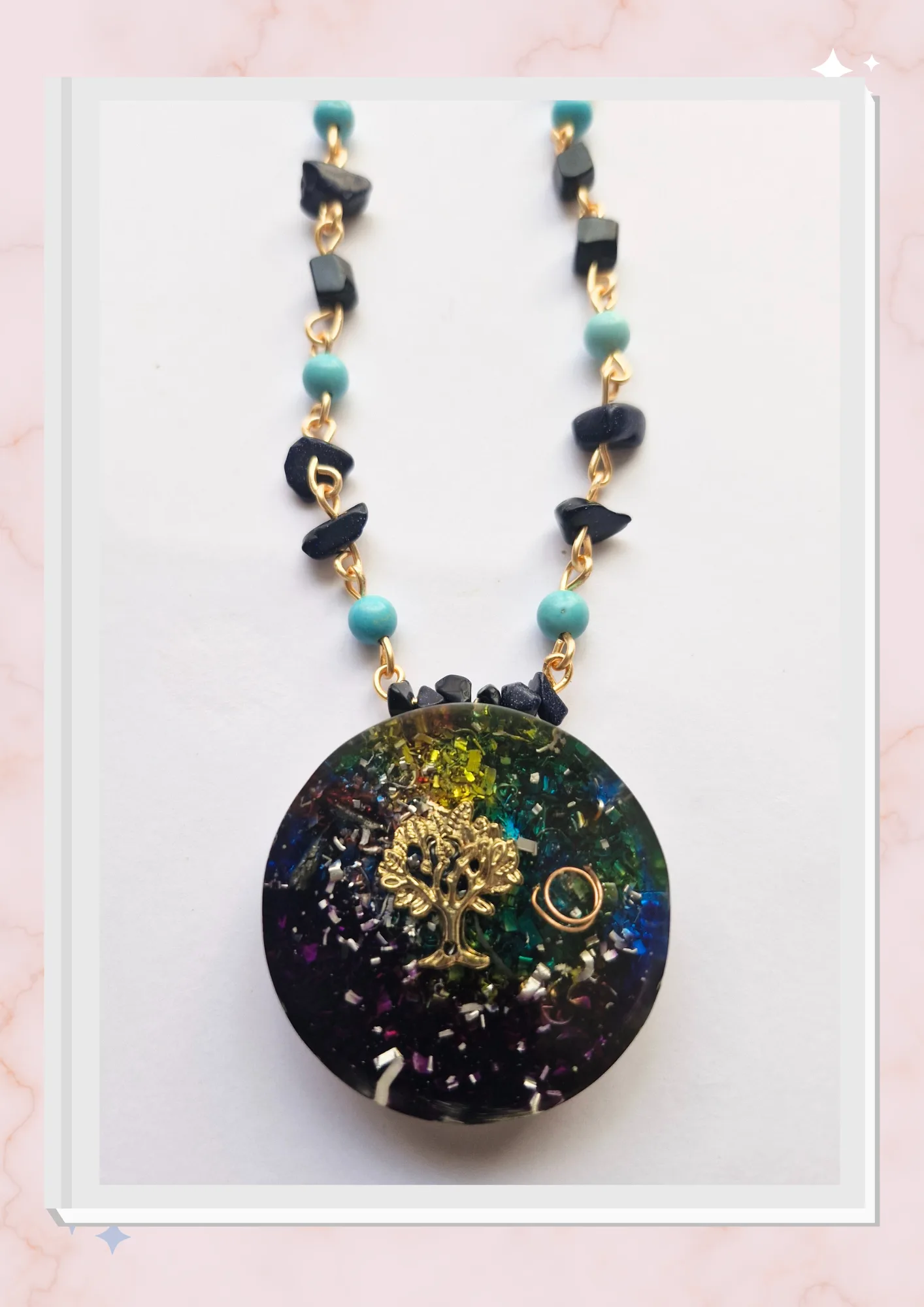 Collar Árbol de la vida, Lluvia de plata y Turquesa