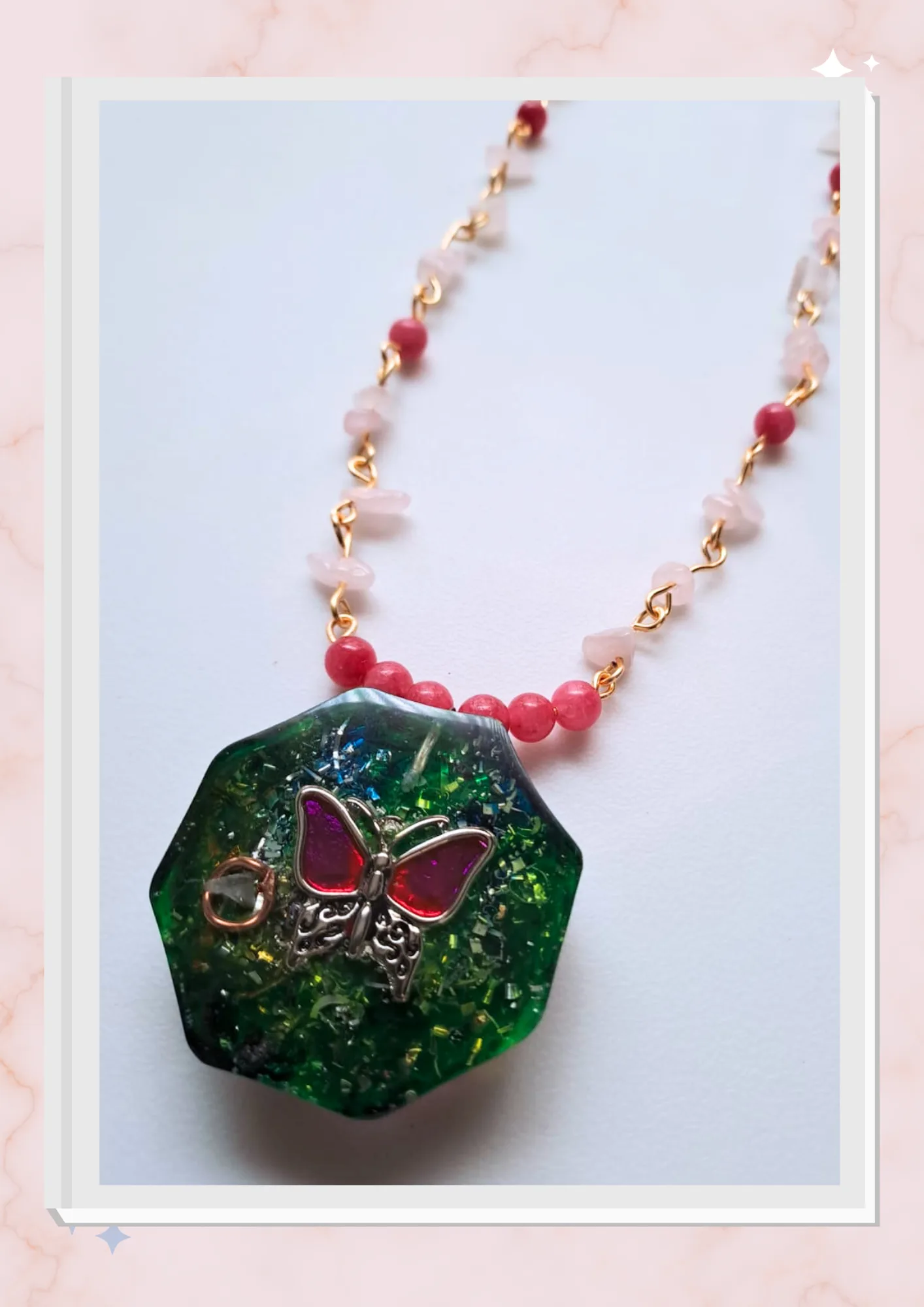 Collar Mariposa, Cuarzo rosa y Rodocrosita