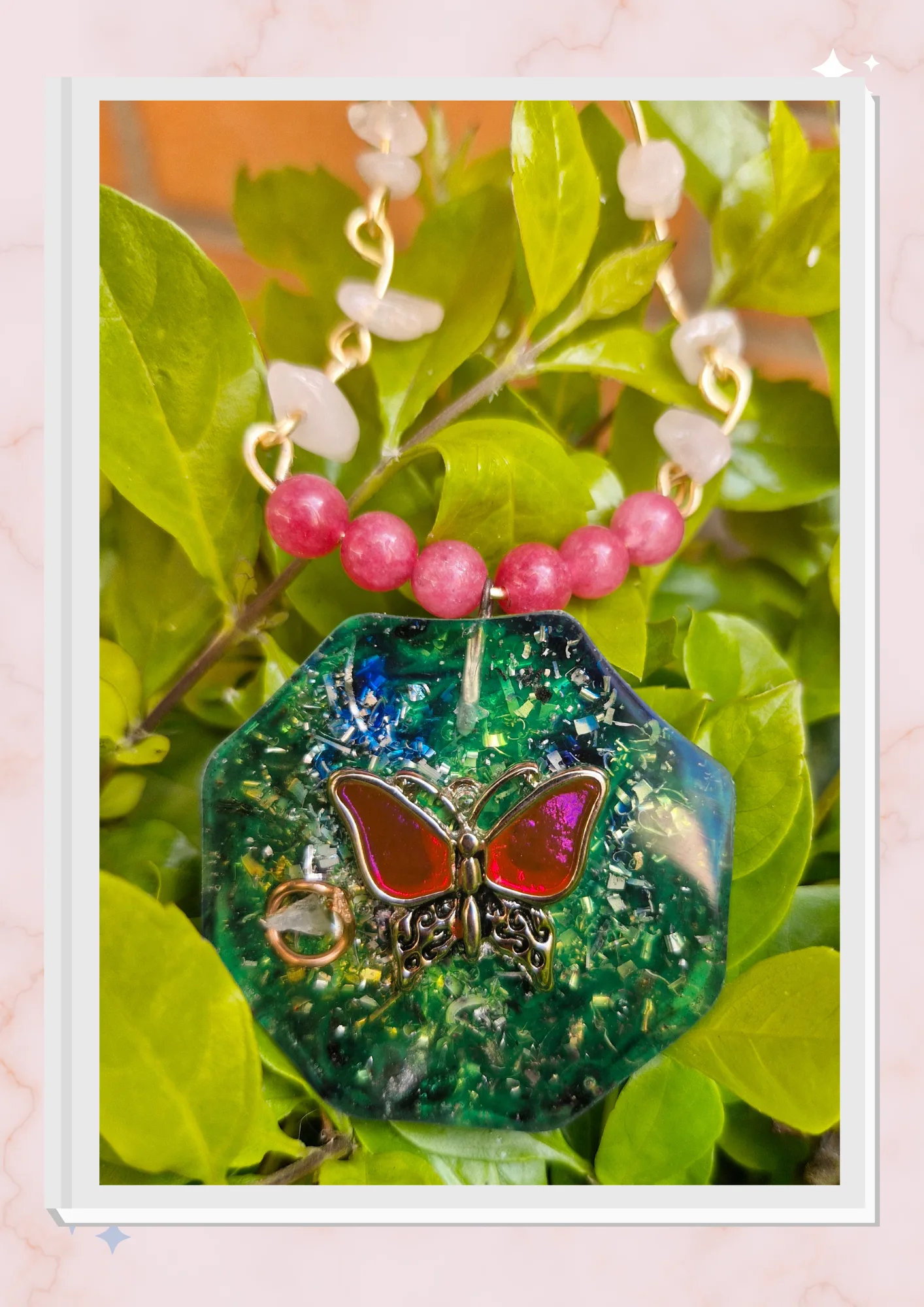Collar Mariposa, Cuarzo rosa y Rodocrosita