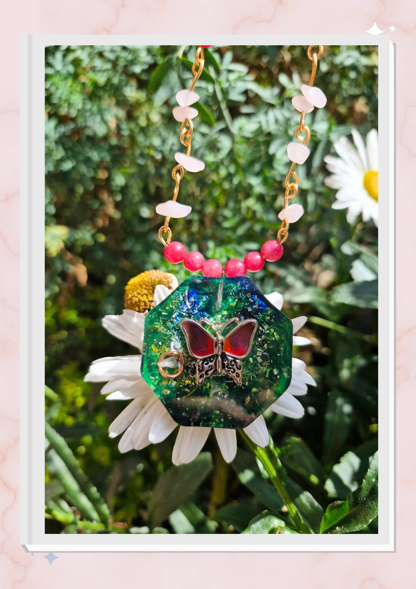 Collar Mariposa, Cuarzo rosa y Rodocrosita