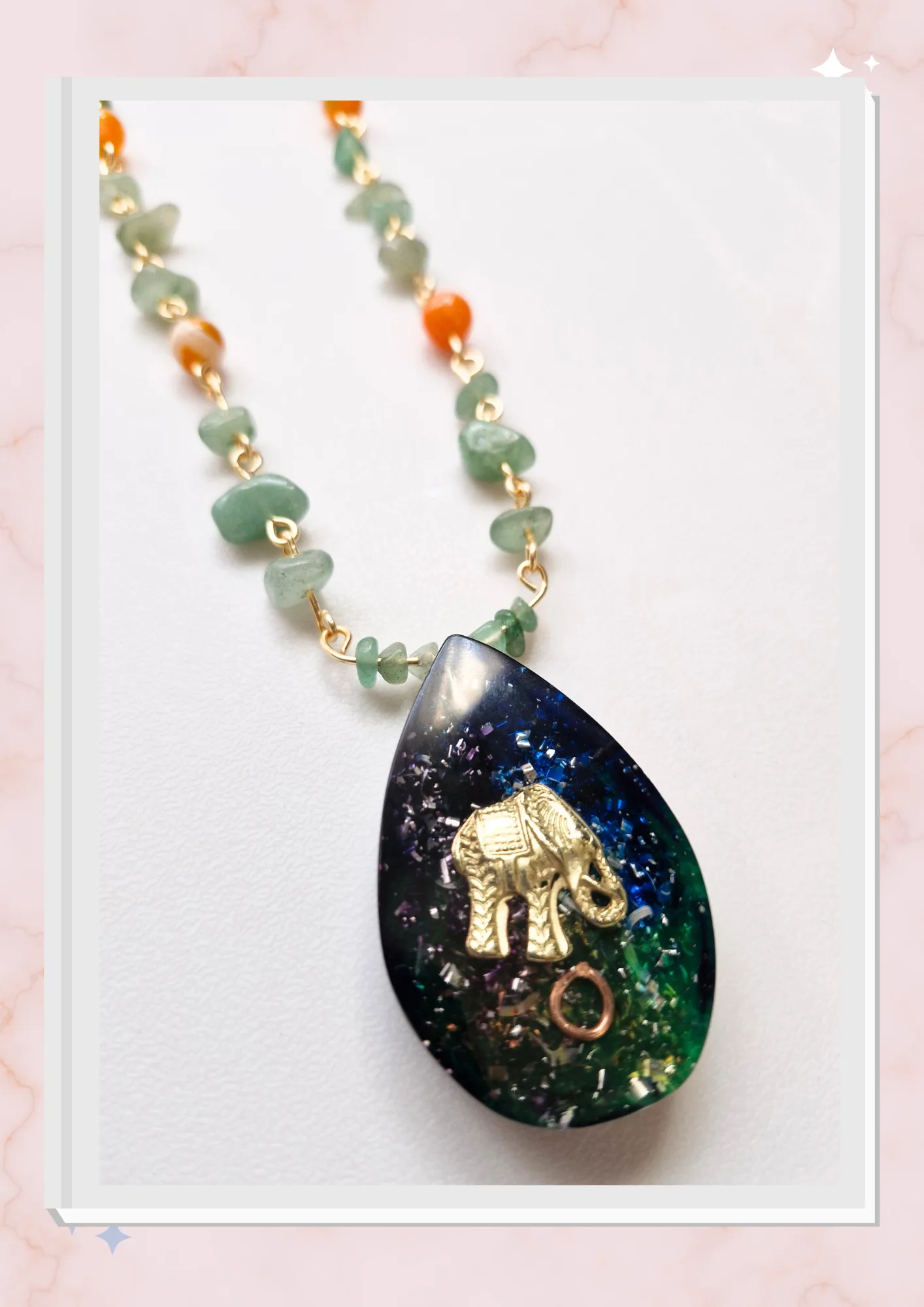 Collar Elefante,  Jade y Ágata naranja