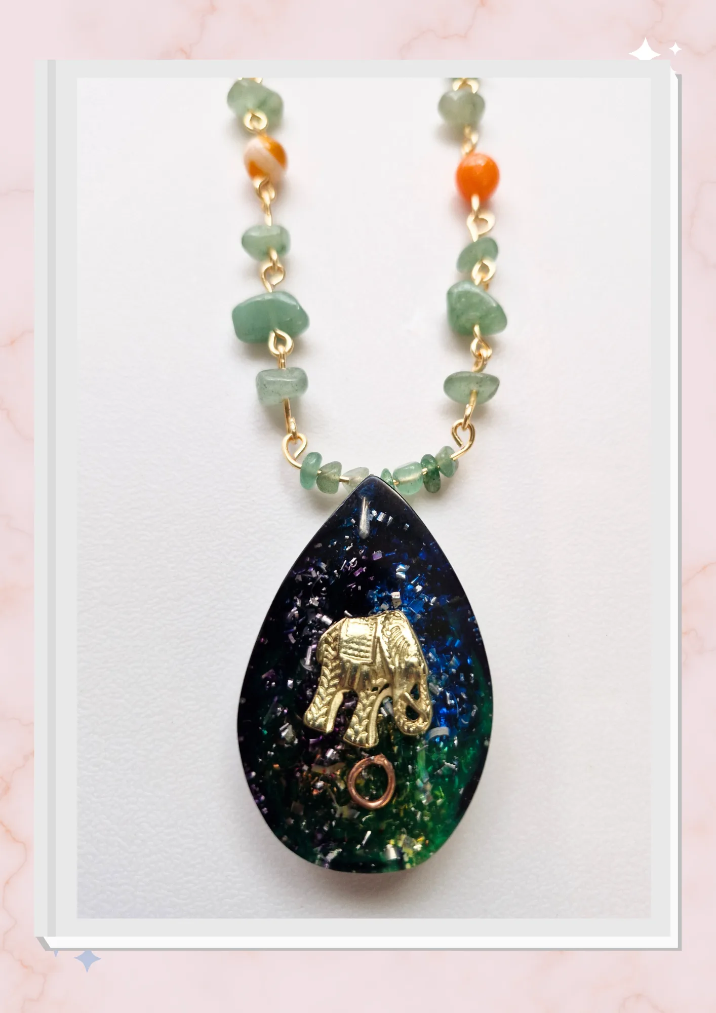 Collar Elefante,  Jade y Ágata naranja