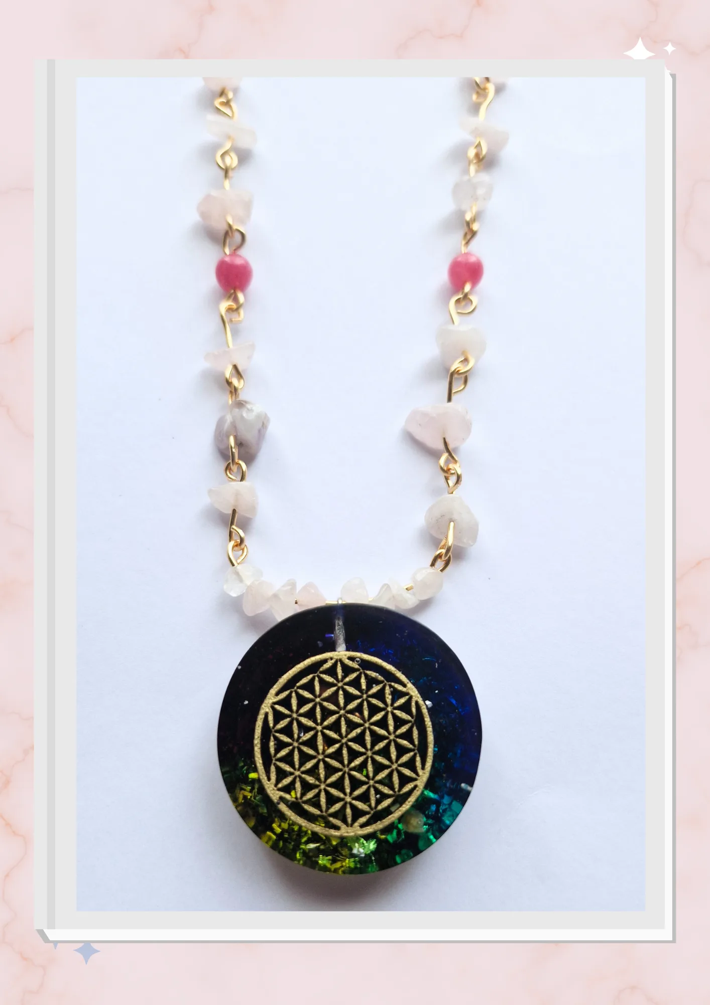 Collar Flor de la vida, Cuarzo Rosa y Rodocrosita