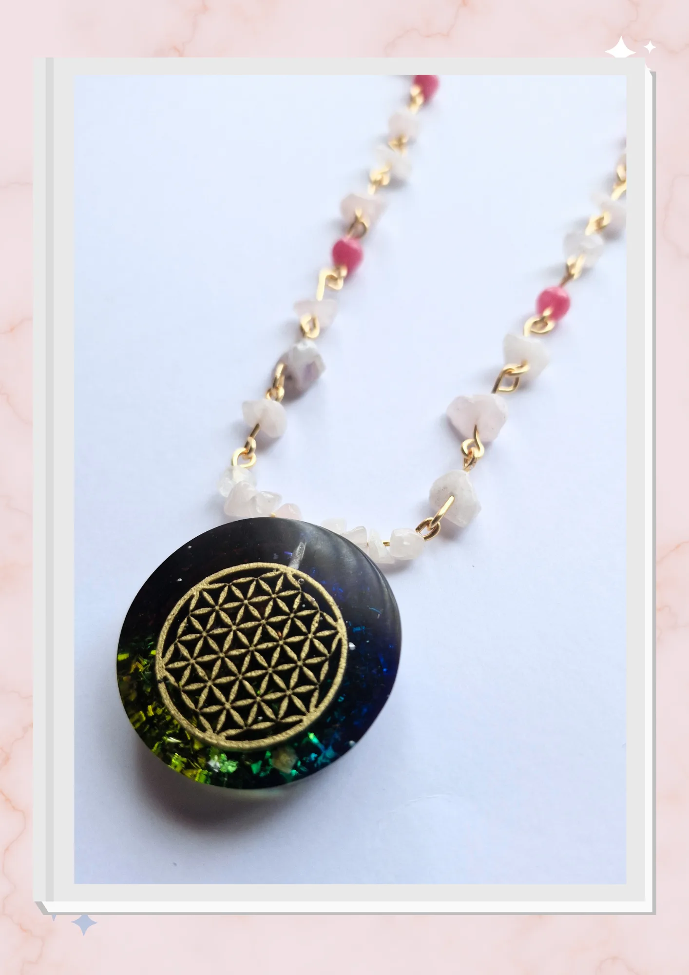 Collar Flor de la vida, Cuarzo Rosa y Rodocrosita