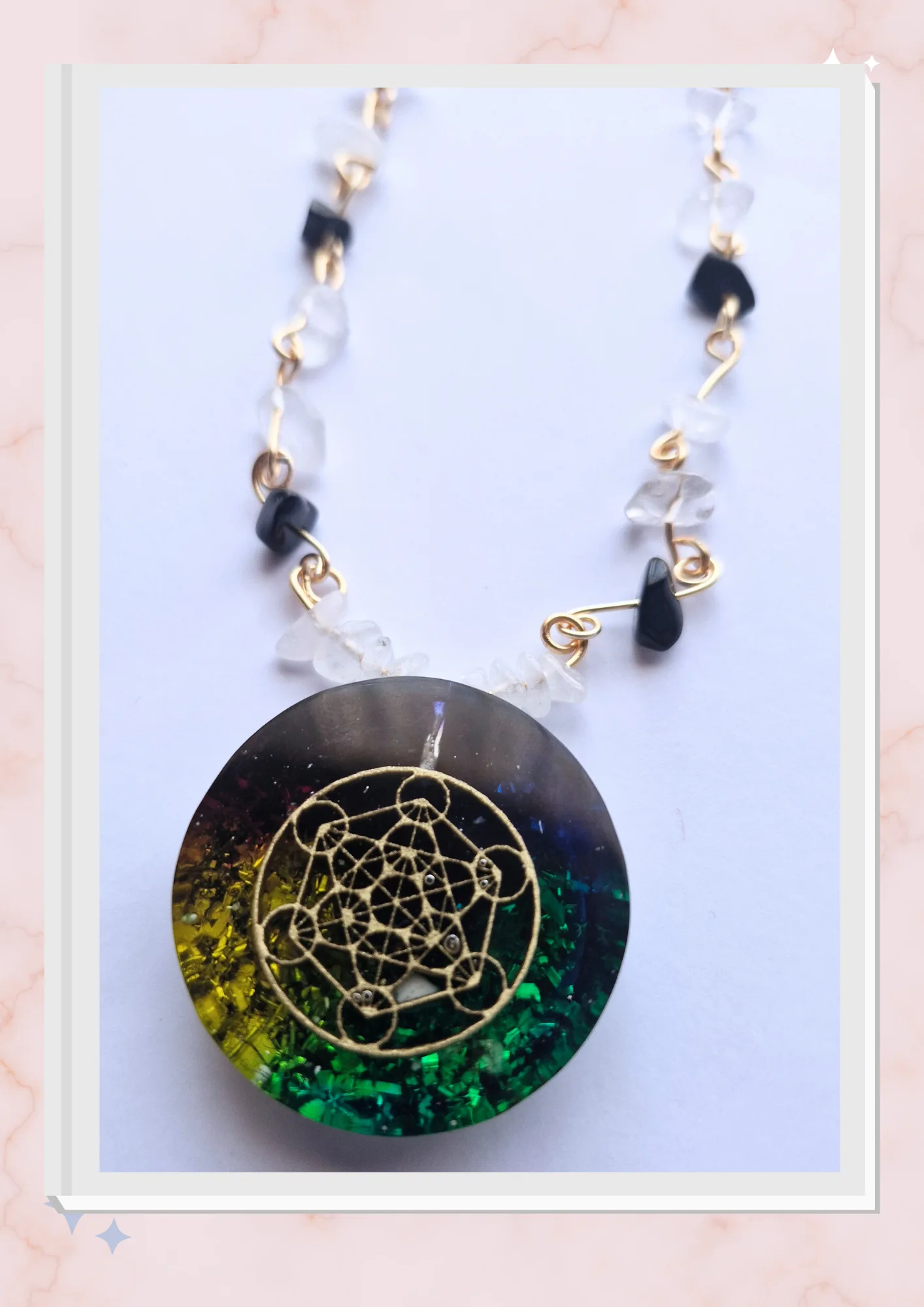 Collar Cubo de Metatrón, Cuarzo blanco y Onix
