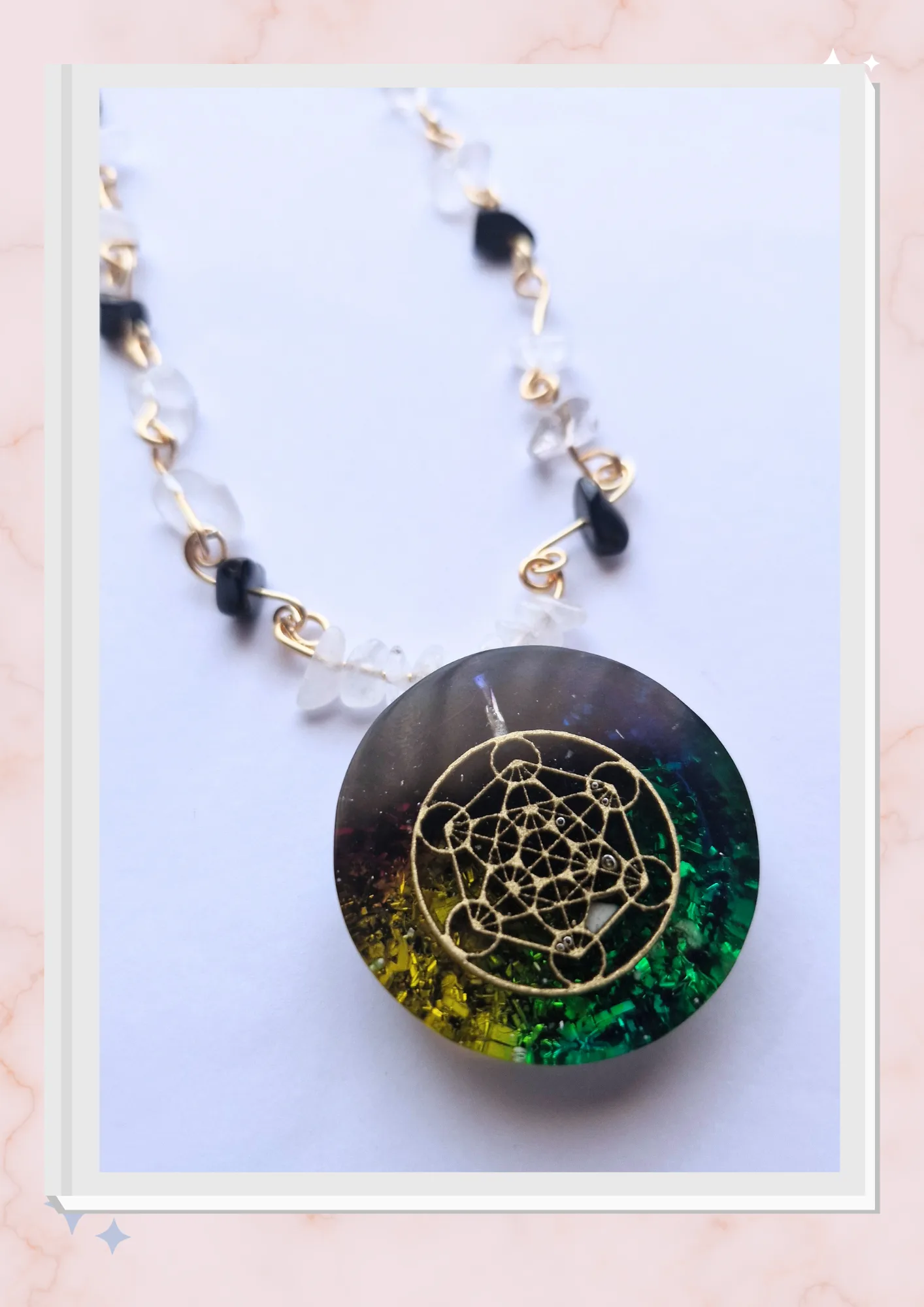 Collar Cubo de Metatrón, Cuarzo blanco y Onix