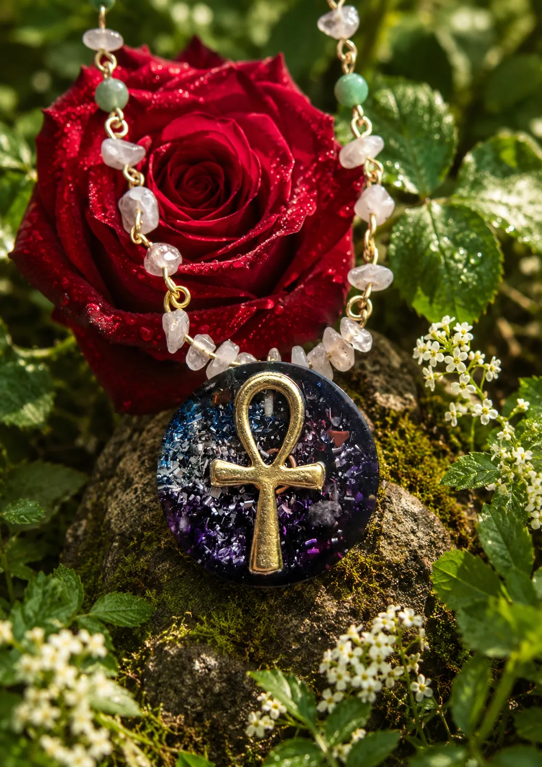 Collar Cruz de Ankh, Cuarzo Rosa y Jade
