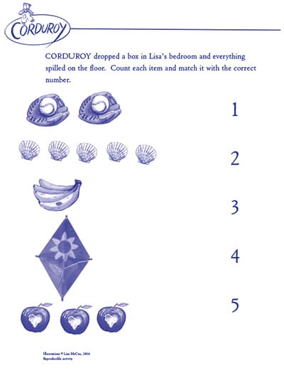 Count the objects in this activity from Corduroy