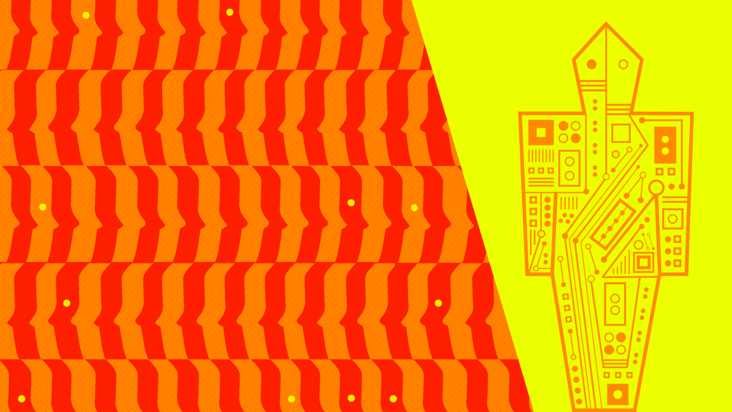 red and orange with yellow robot background