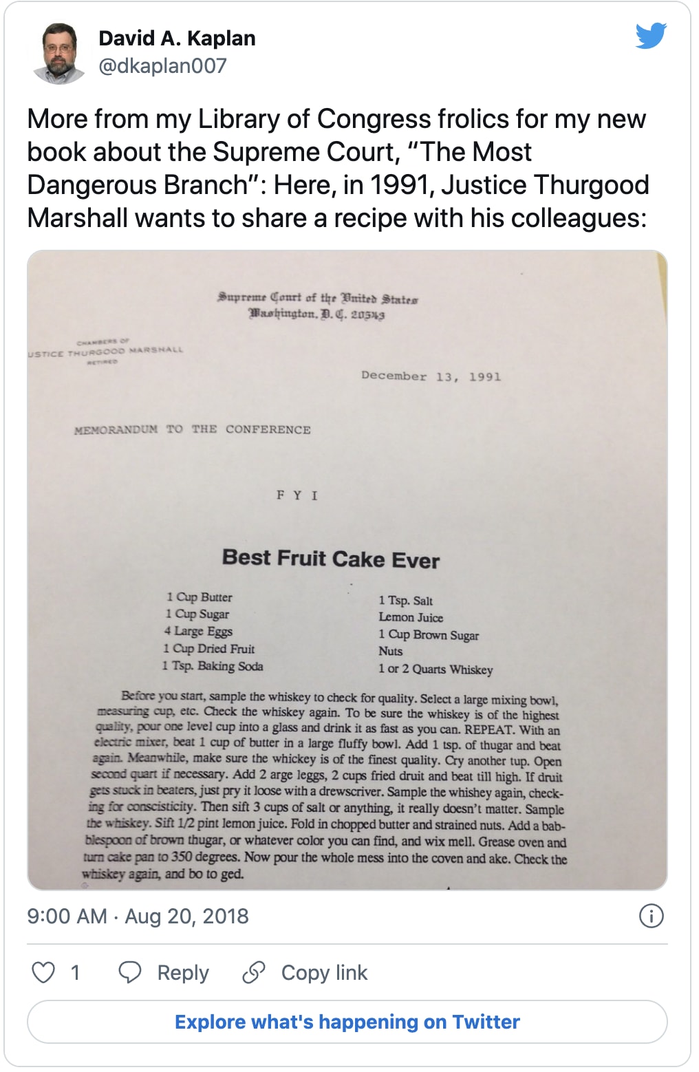Tweet from David A. Kaplan about a recipe Justice Thurgood Marshall shared in 1991