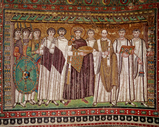 Sixth-century mosaic frieze of the emperor Justinian and his court, San Vitale, Ravenna