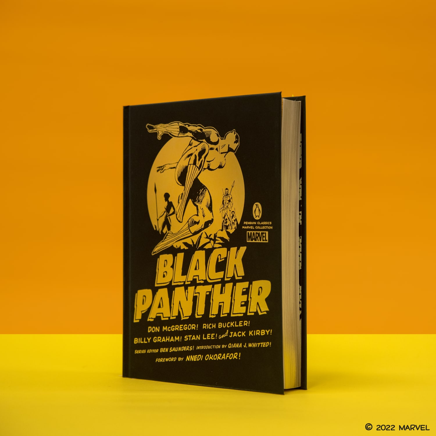 Black Panther hardcover edition standing against orange background