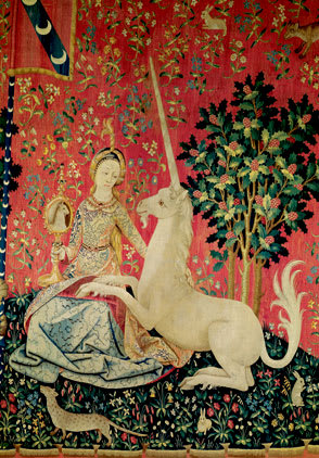 The unicorn, a symbol of Christ, about to lay his head in the lap of a virgin