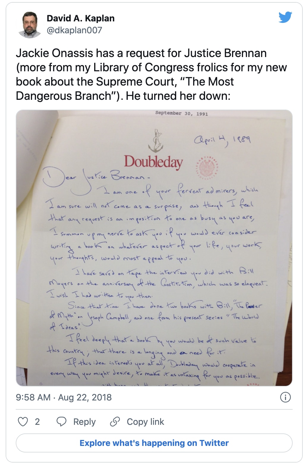 Tweet from David A. Kaplan  about Jackie Onassis