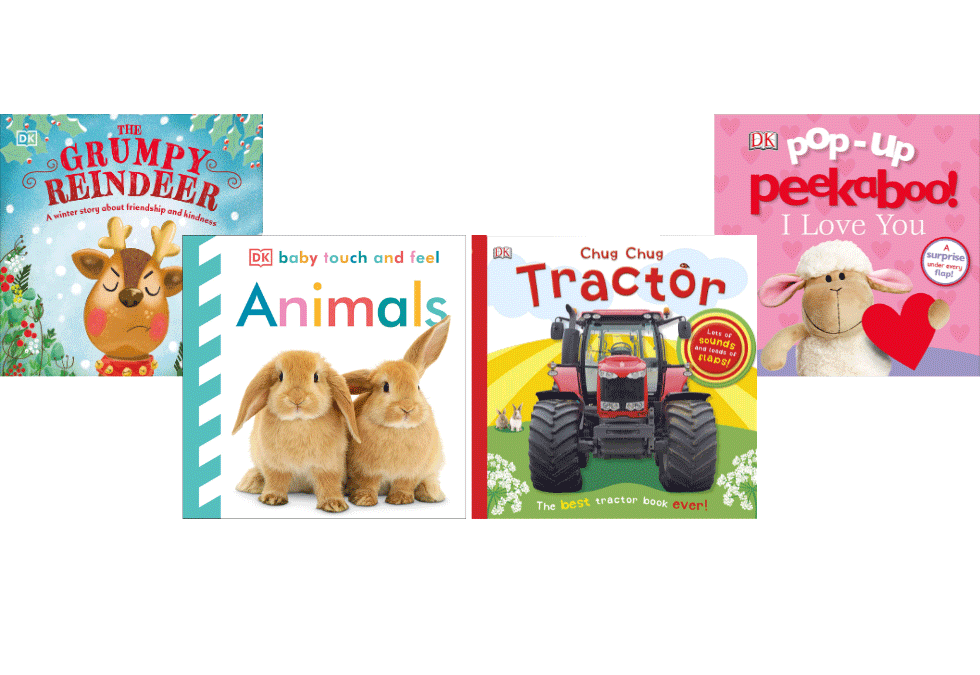 A row of board books that includes The Grumpy Reindeer, Baby Touch and Feel Animals, Chug Chug Tractor, Pop-Up Peekaboo I Love You