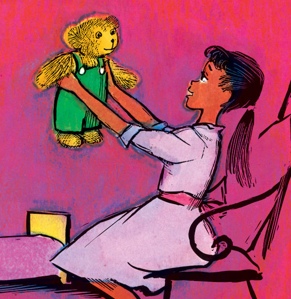 Illustration of a girl in a purple dress playing with Corduroy