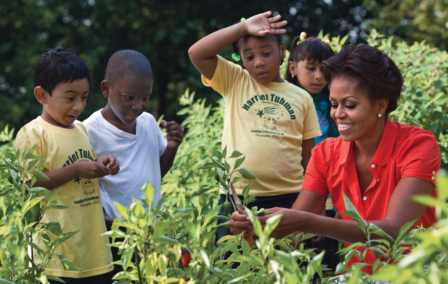 Michelle Obama working with children in the White House Garden