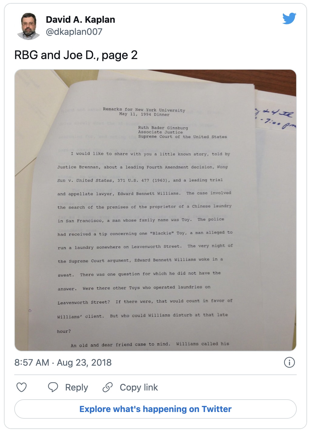 Tweet from David A. Kaplan - part 2 of story of Justice Ginsburg and DiMaggio