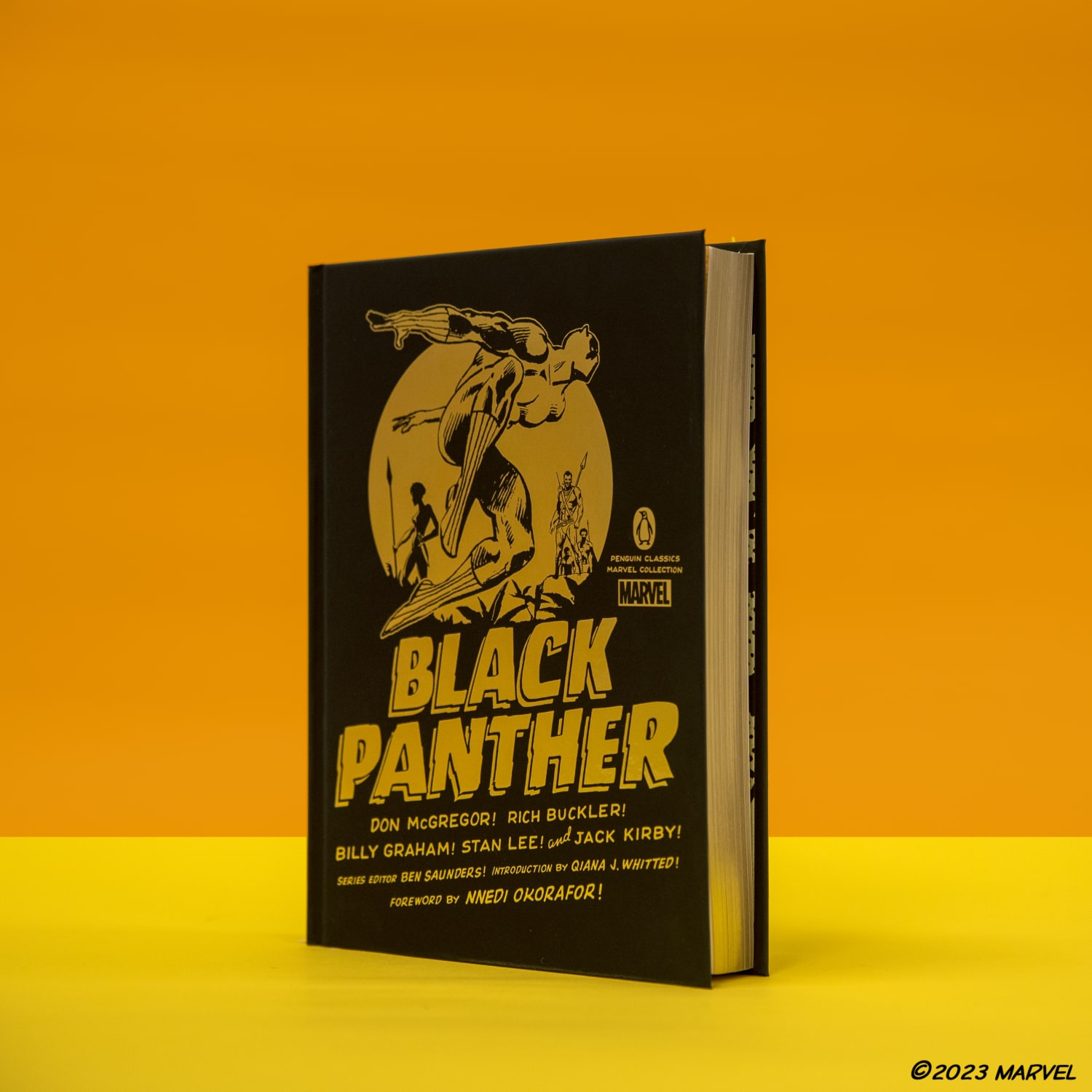 Black Panther hardcover edition standing against orange background