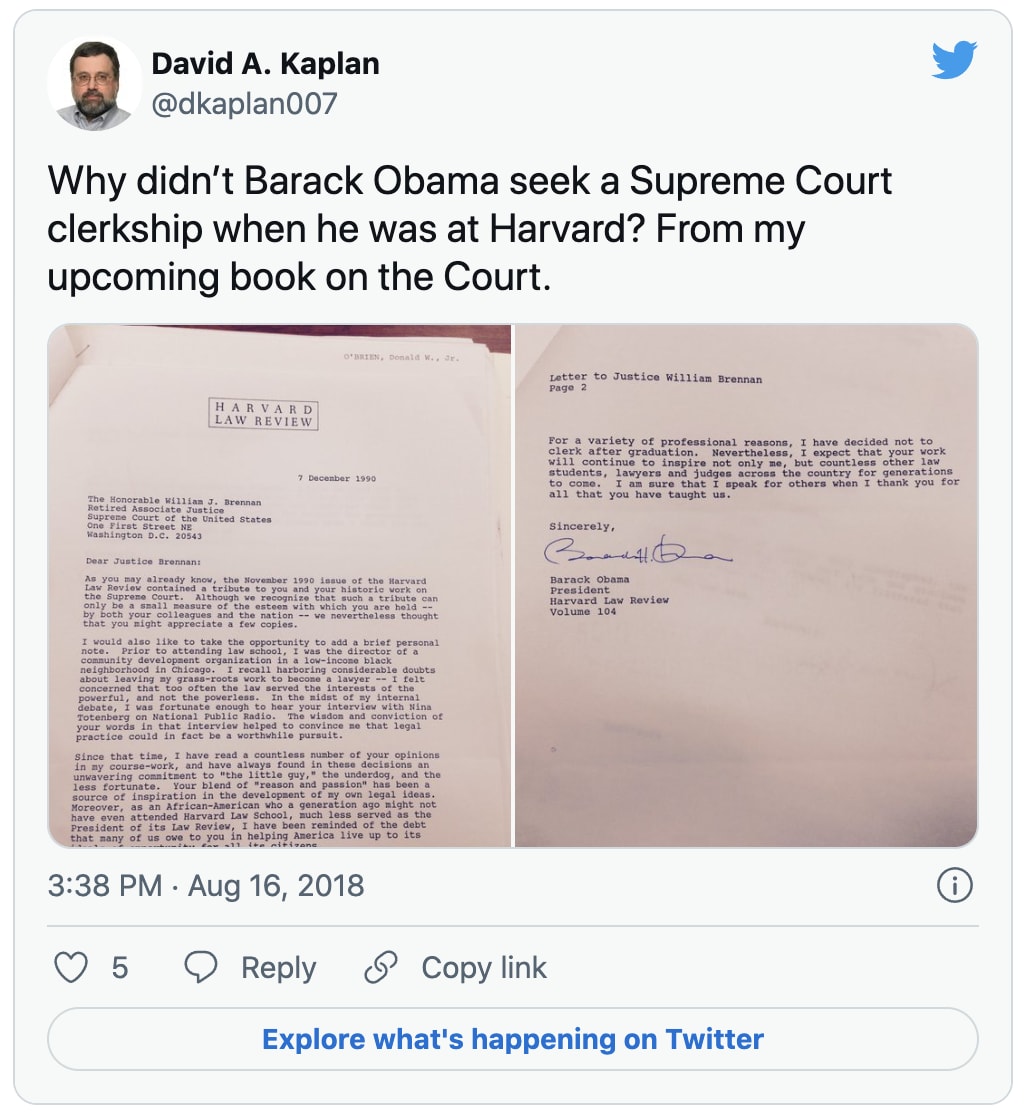 Tweet from David A. Kaplan about why Barack Obama did not a Supreme Court clerkship