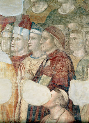 Dante in red in a fresco in the chapel of the Bargello, Florence