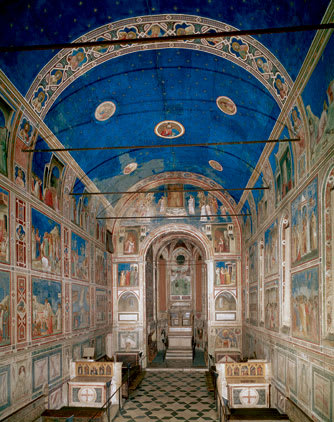 Interior of Scrovegni Chapel, Padua, with frescoes painted by Giotto.