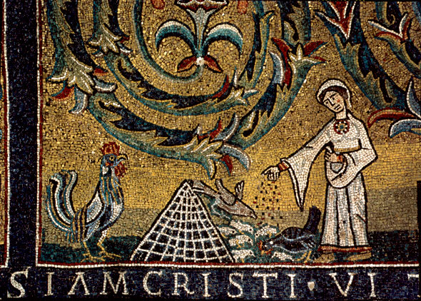 Detail of San Clemente apse: a women feeding her hens.