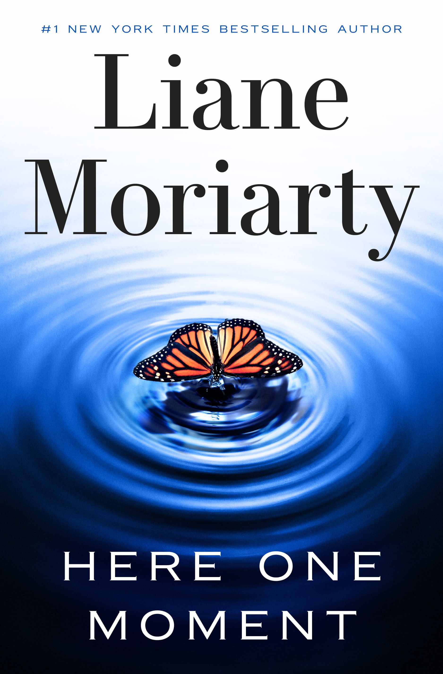 3D book shot of Liane Moriarty&#039;s Here One Moment with a Butterfly on the surface of water