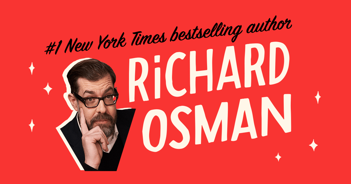 Red banner with Richard Osman's name and headshot