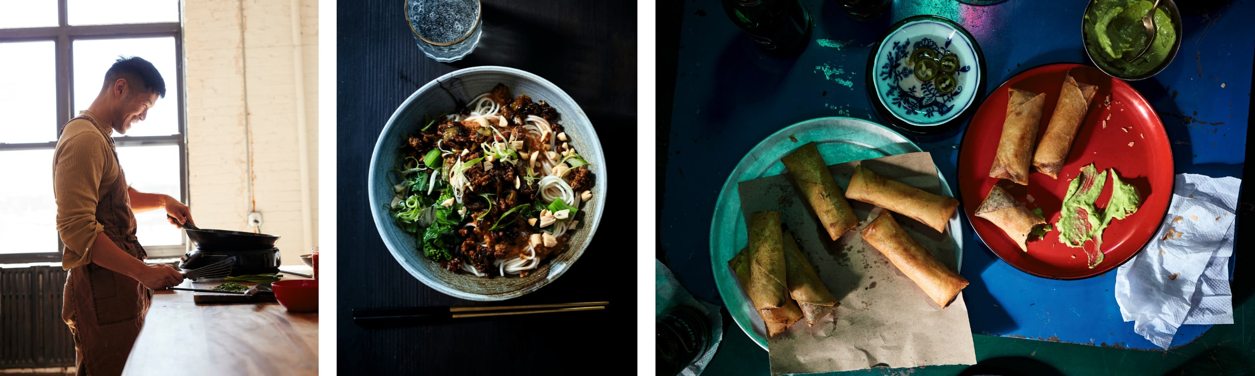 A banner with a photo of Jon, a bowl of noodles, a plate of spring rolls