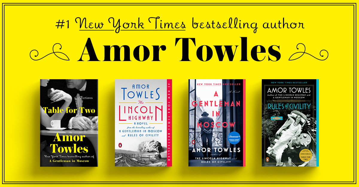 Yellow banner image featuring all the covers of Amor Towles