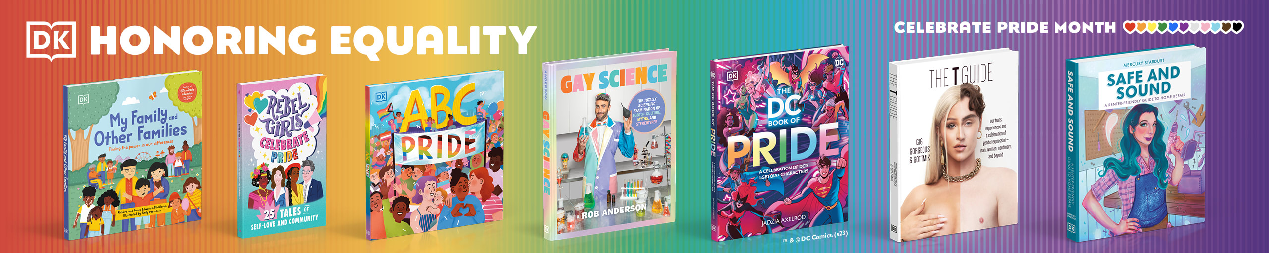 A row of books behind a rainbow colored background