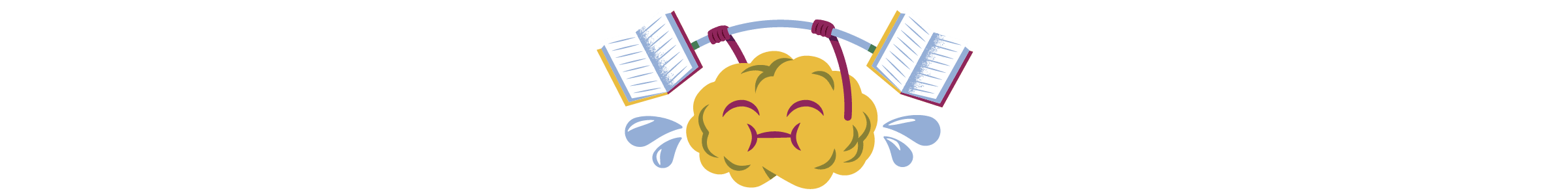 Illustrated image of a brain with a face weightlifting books