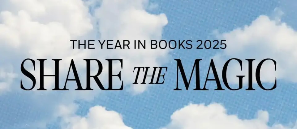 An image featuring a cloudy background with the text, THE YEAR IN BOOKS 2025, SHARE THE MAGIC