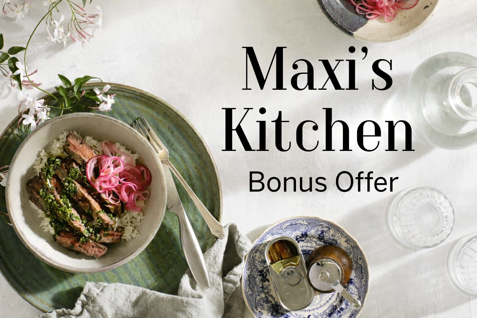 Maxi's Kitchen bonus offer with a picture of steak and chimichurri