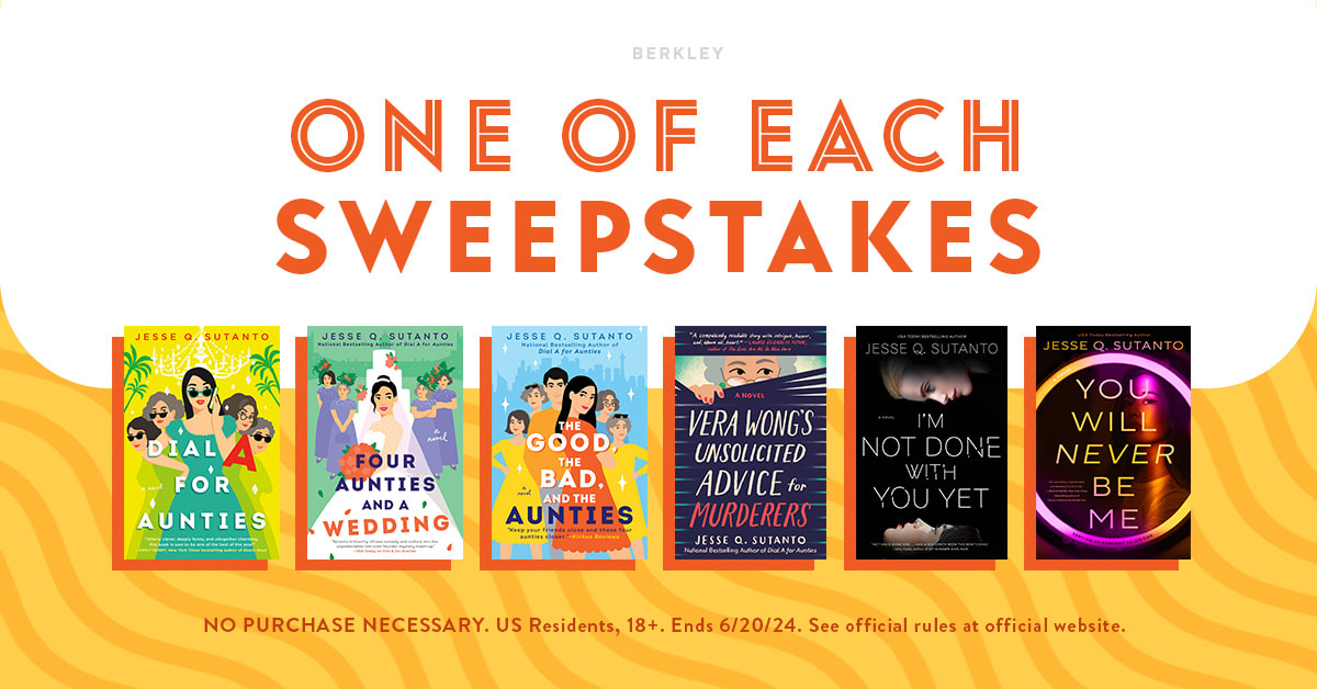 Yellow background with orange text reading One of Each Sweepstakes and featuring five books by Jesse Q. Sutanto