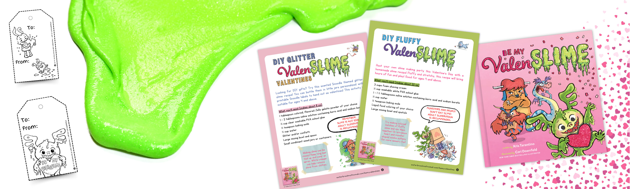 Photo of the book BE MY VALENSLIME with print outs of homemade slime recipes and valentines gift tags